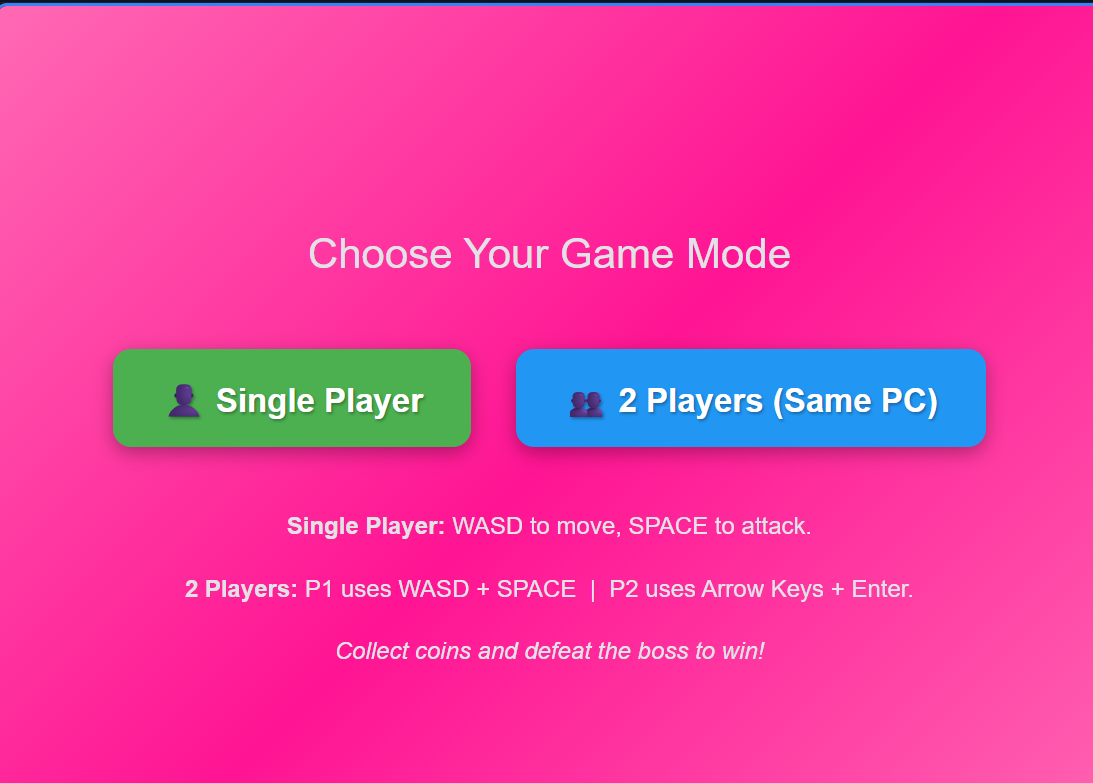 Game mode selection screen with Single Player and 2 Players options