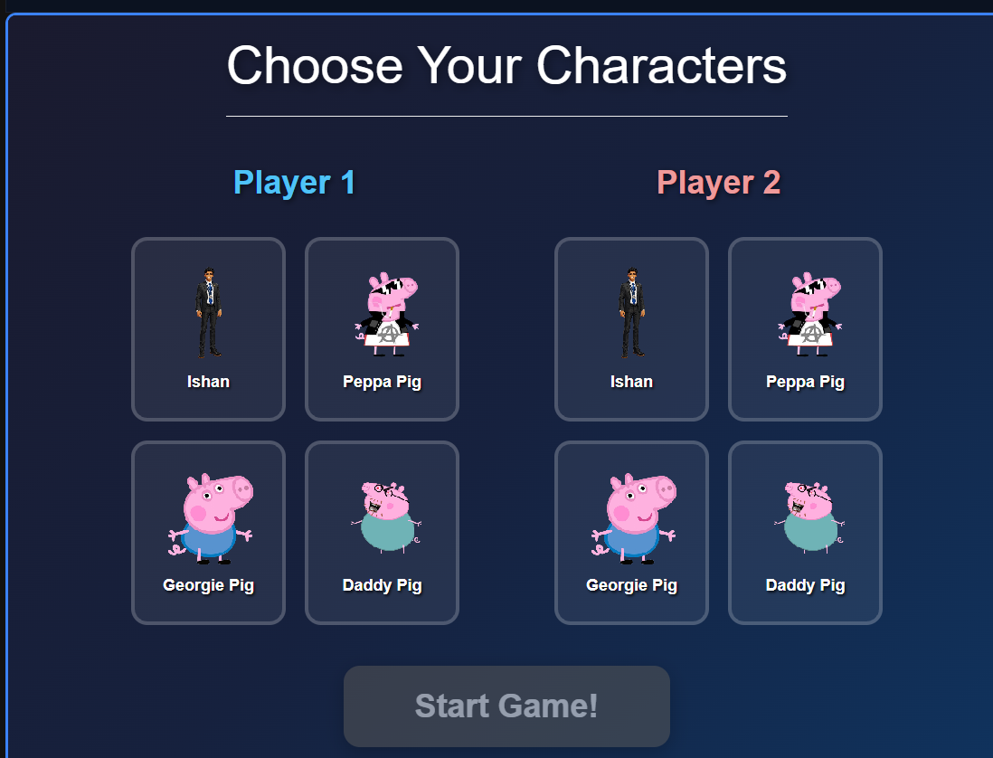 Character selection screen showing Player 1 and Player 2 character choices